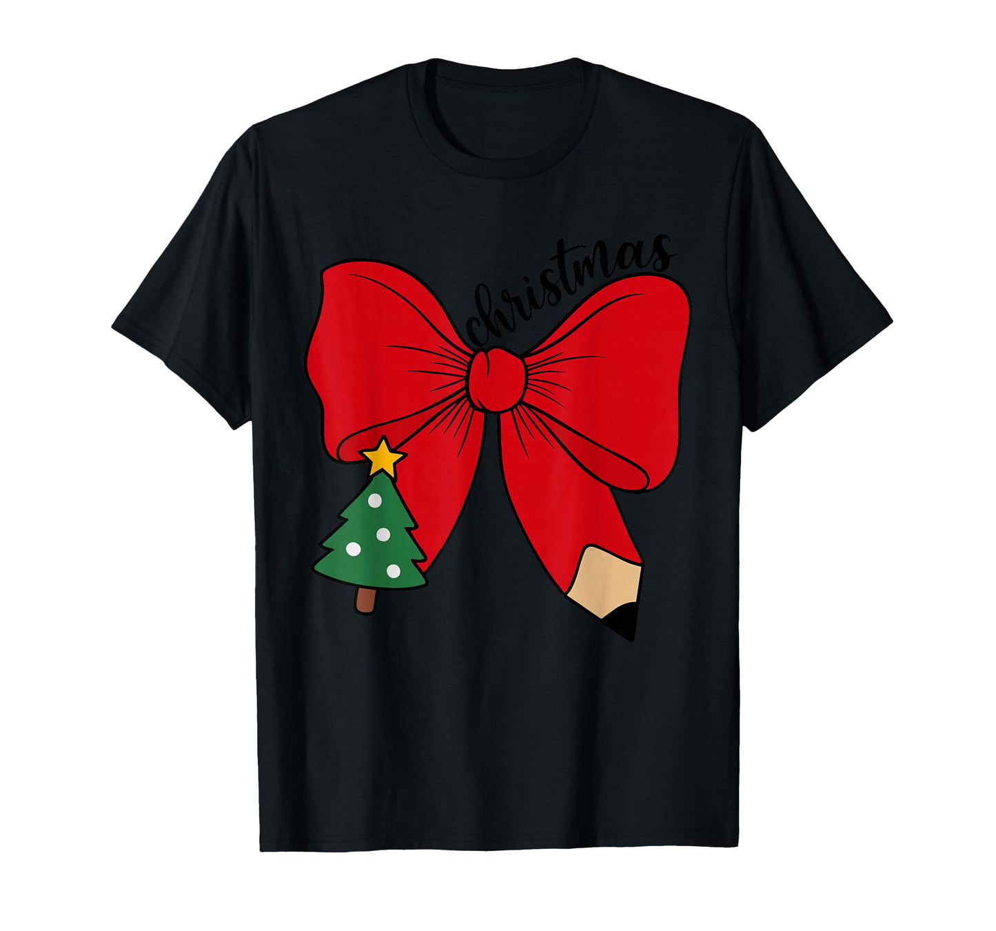 Cute Christmas Teacher Red Bow with Pencil Holiday Classroom T-Shirt
