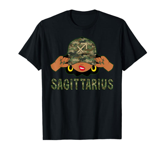 Sagittarius Queen Black Woman With Camo Cap Afro Girl Zodiac T-Shirt