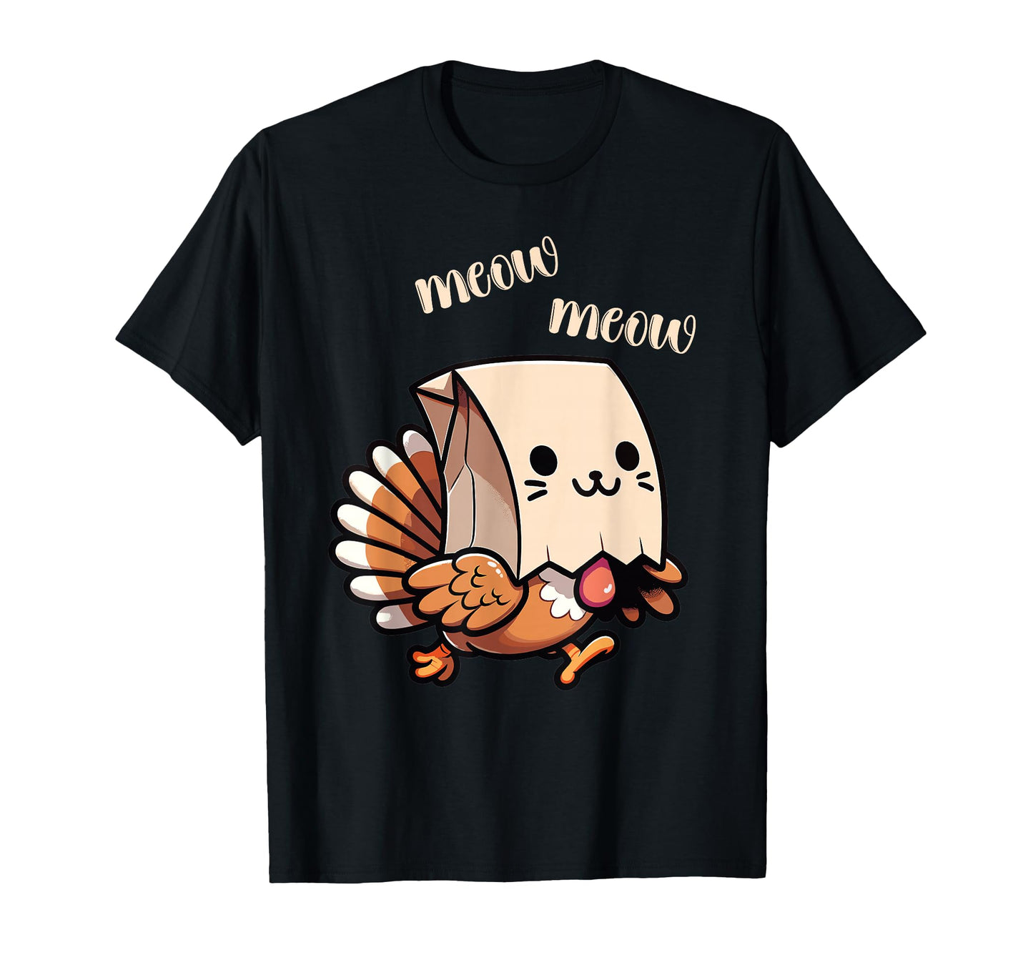 Funny Thanksgiving Fake Cat Meow with Turkey Men Women Kids T-Shirt