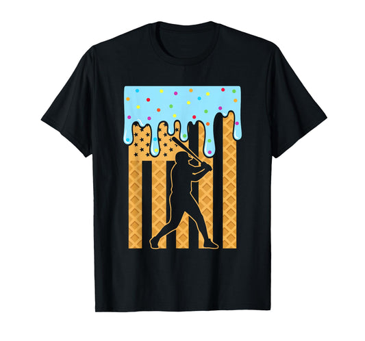 Baseball Drip Dripping Ice Cream Sport Player American Flag T-Shirt