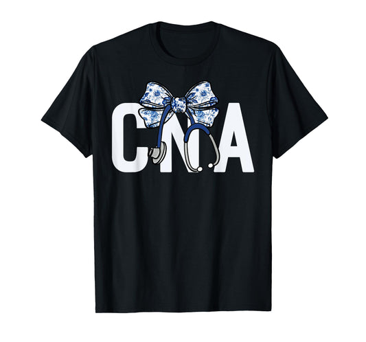CNA Coquette Bow Nurse Stethoscope Nursing Floral Blue Women T-Shirt