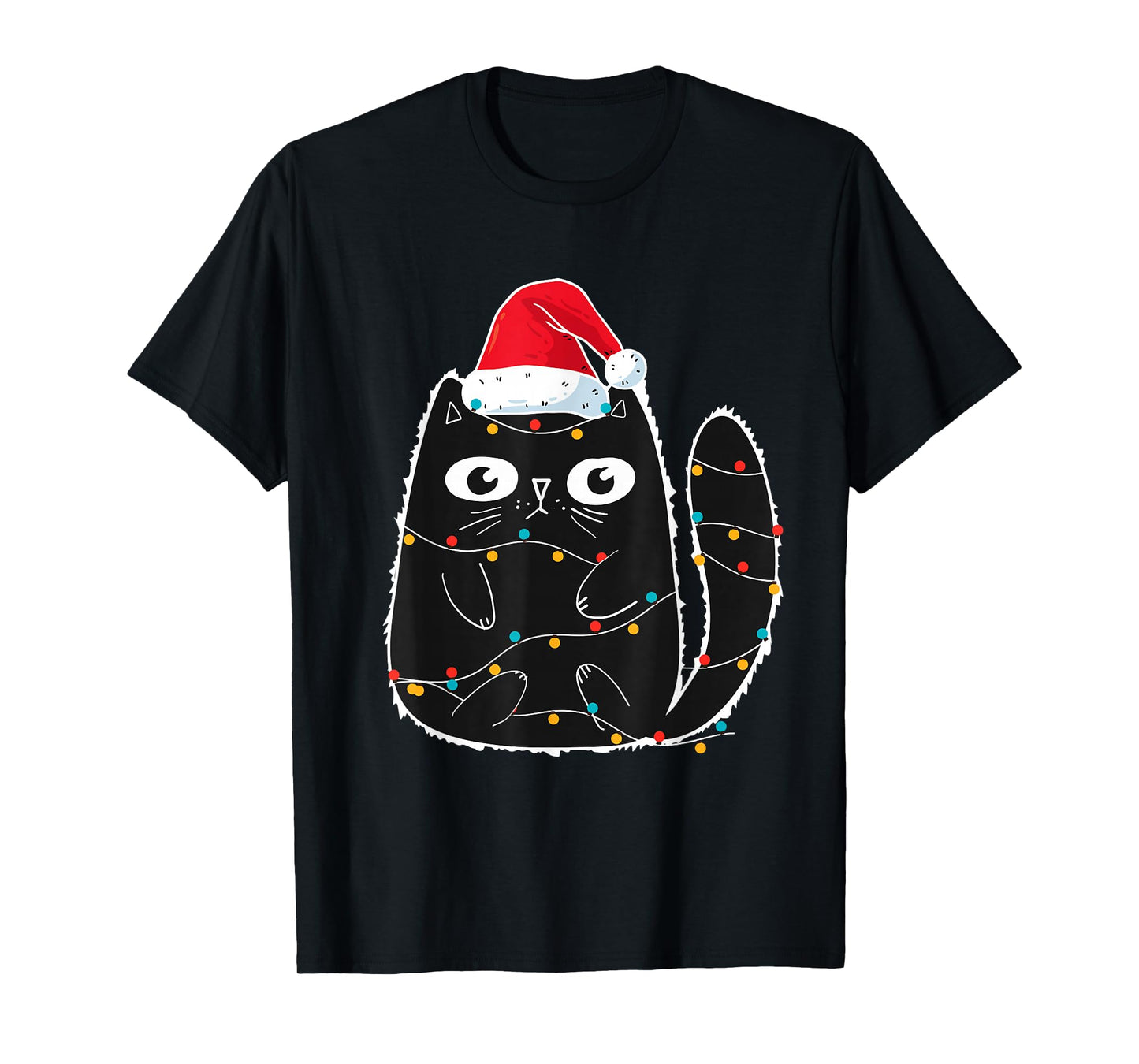 Cute Black Cat Santa Christmas Lights Meow Kitty Kitten Xmas T-Shirt