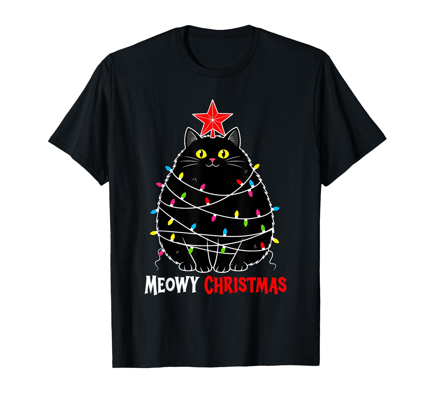 Funny Meowy Christmas Xmas Lights Black Cat Kitten Pet Lover T-Shirt