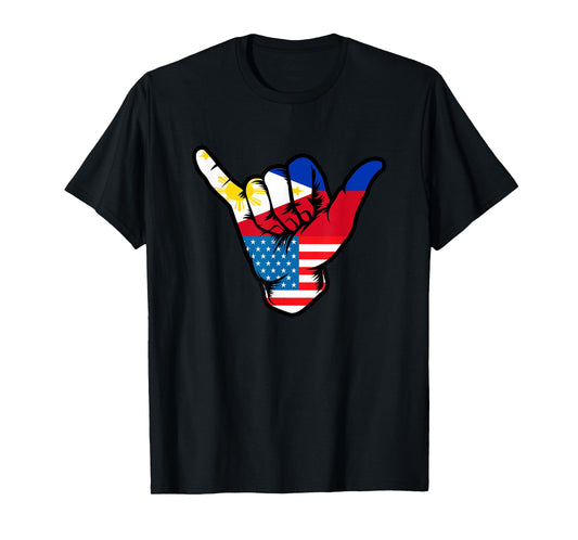 Half Filipino and American Philippines USA Flag Shaka Hand T-Shirt