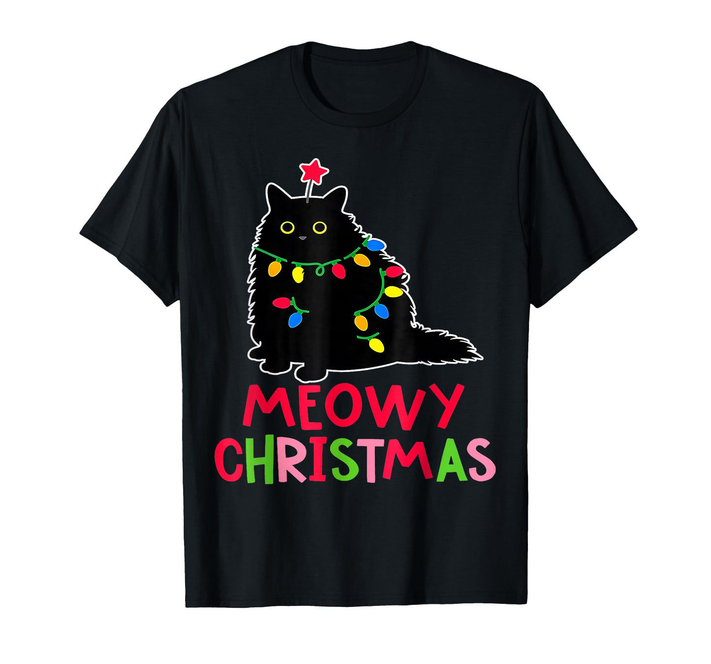 Meowy Christmas Xmas Lights Black Cat Pajamas Family Funny T-Shirt