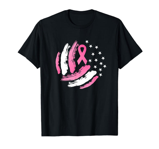 Volleyball Pink Ribbon Breast Cancer Awareness Gift USA Flag T-Shirt
