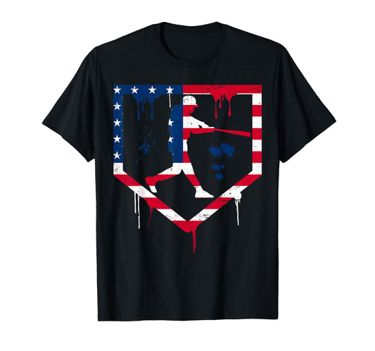 Baseball Drip American Flag Bat 4th of July Patriotic Boys T-Shirt