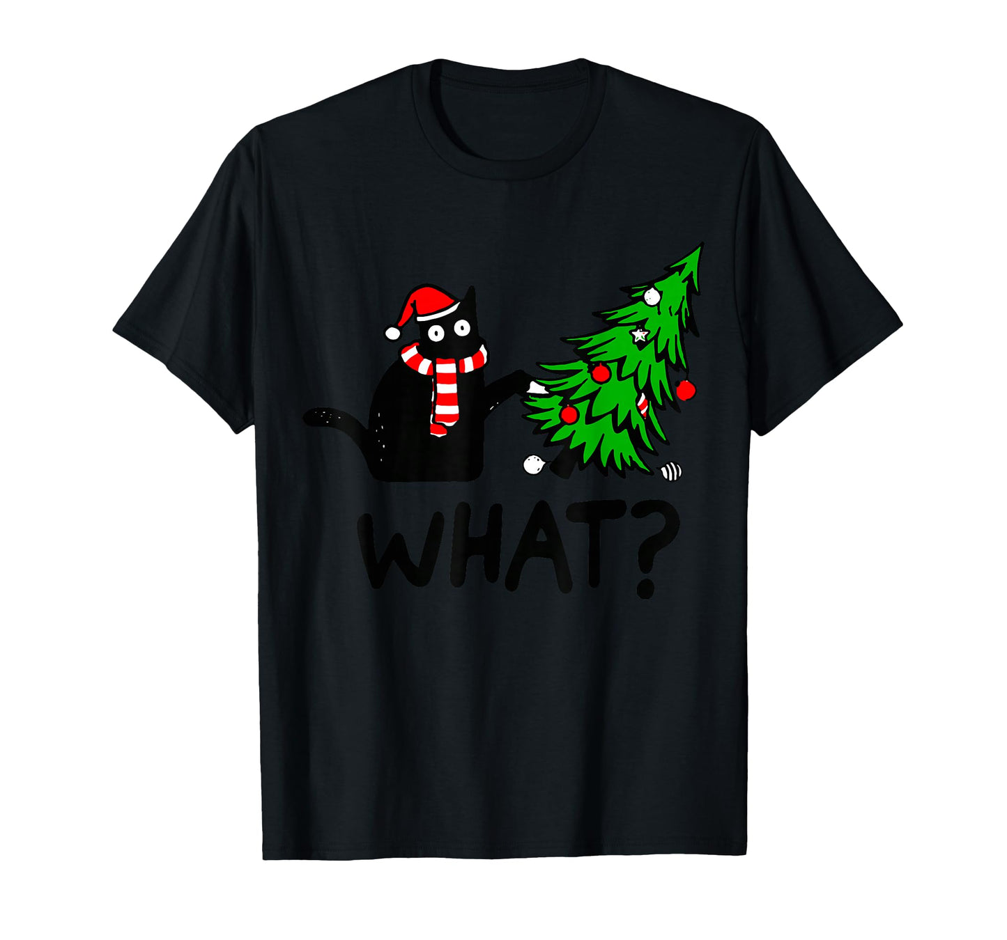Funny Black Cat Gift Pushing Christmas Tree Over Cat What? T-Shirt Small