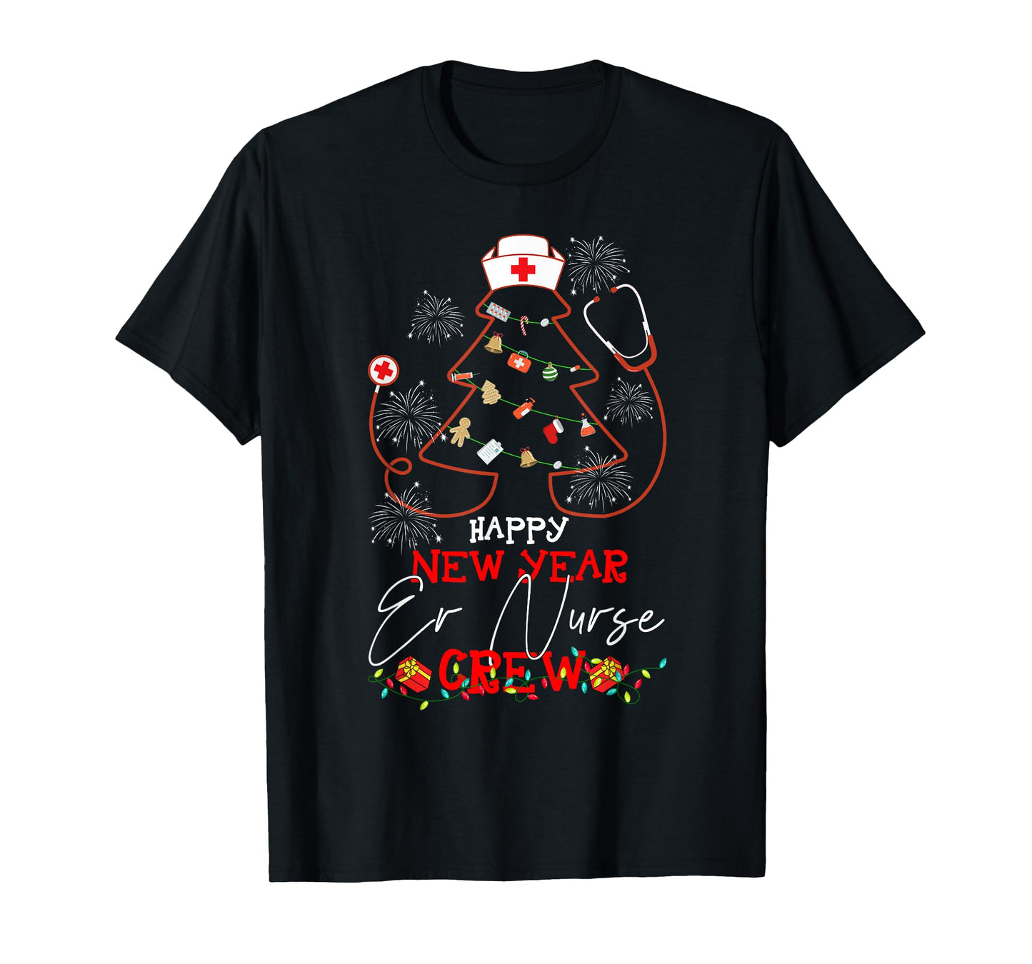 Christmas T-Shirt - Happy New Year ER Nurse Crew Reindeer Nurse - Black, Small - Women-Adults