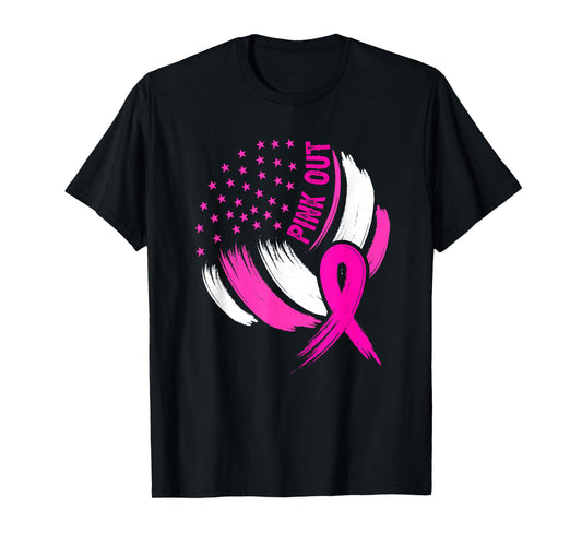 Volleyball Pink Out Breast Cancer Awareness Ribbon USA Flag T-Shirt