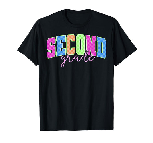 Back To School Neon Checkered Second Grade, Colorful Teacher T-Shirt