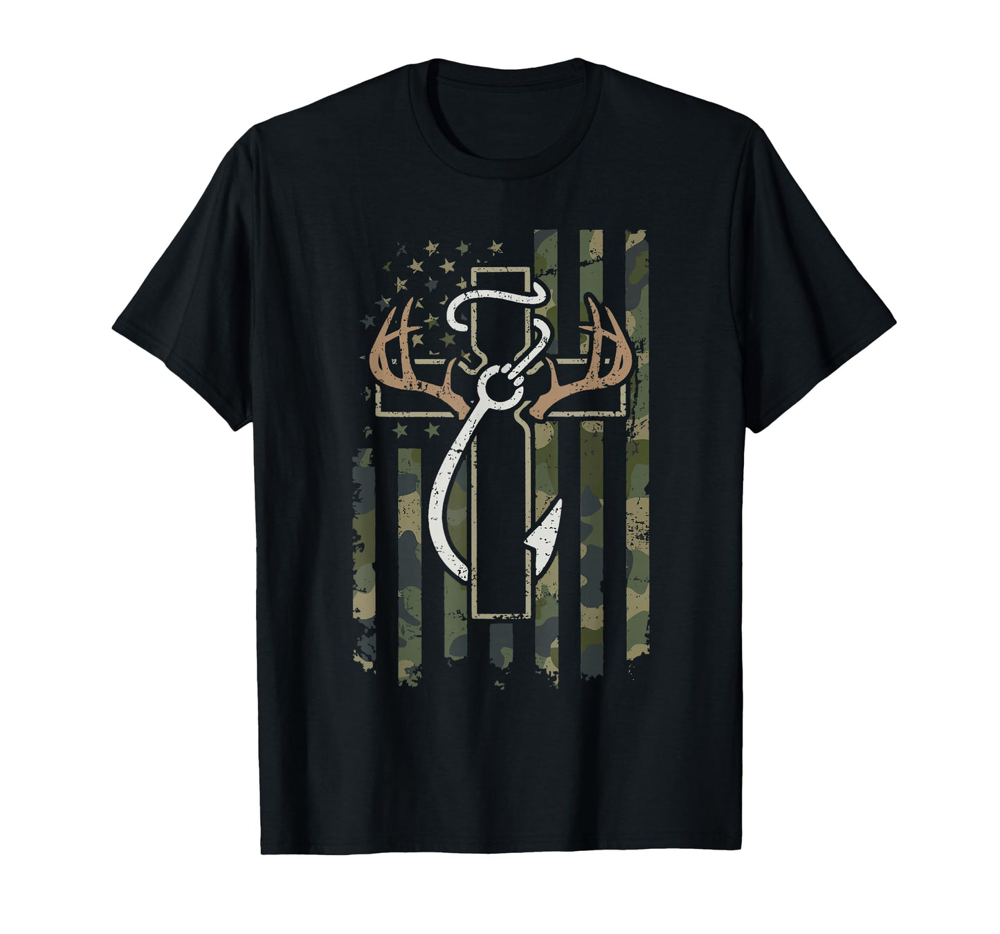 Hunting Fishing Faith Deer Antlers Cross Hook Christian Camo T-Shirt