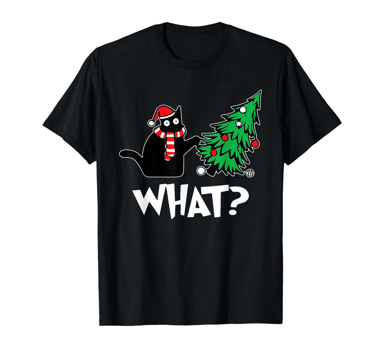 Funny Black Cat Xmas Pushing Christmas Tree Over Cat What? T-Shirt
