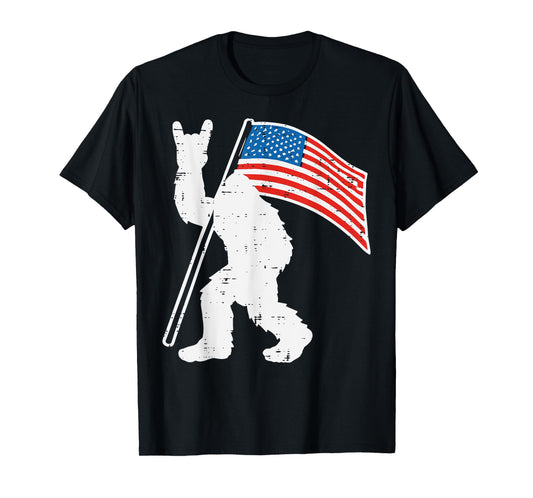 Bigfoot America Flag Rock Hand Rocker Sasquatch Men Boys Kid T-Shirt