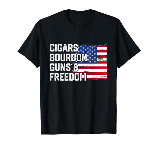 Cigars Bourbon Guns and Freedom Lover American Usa Flag T-Shirt