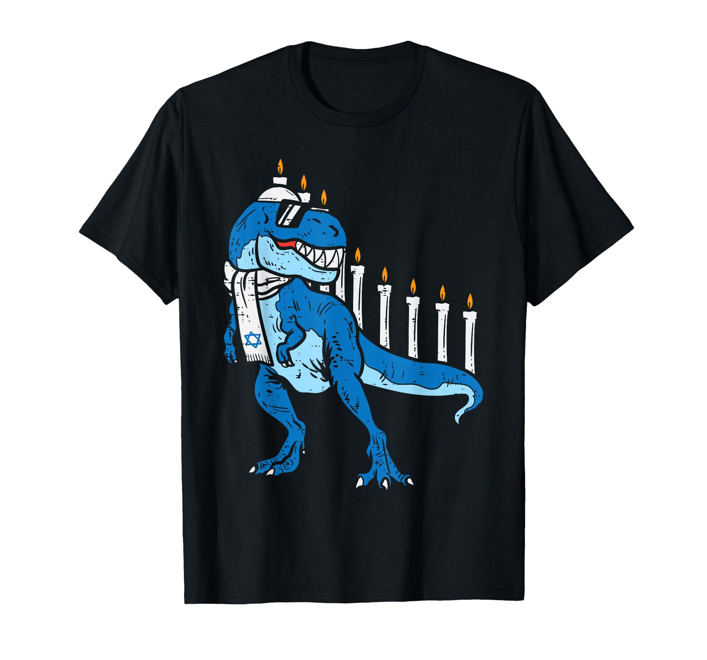 BoredKoalas Hanukkah Shirts Jew Chanukah Gifts Trex Dinosaur Menorah T-Shirt Unisex Kids Boys Black Short Sleeve Classic Fit Cotton Polyester