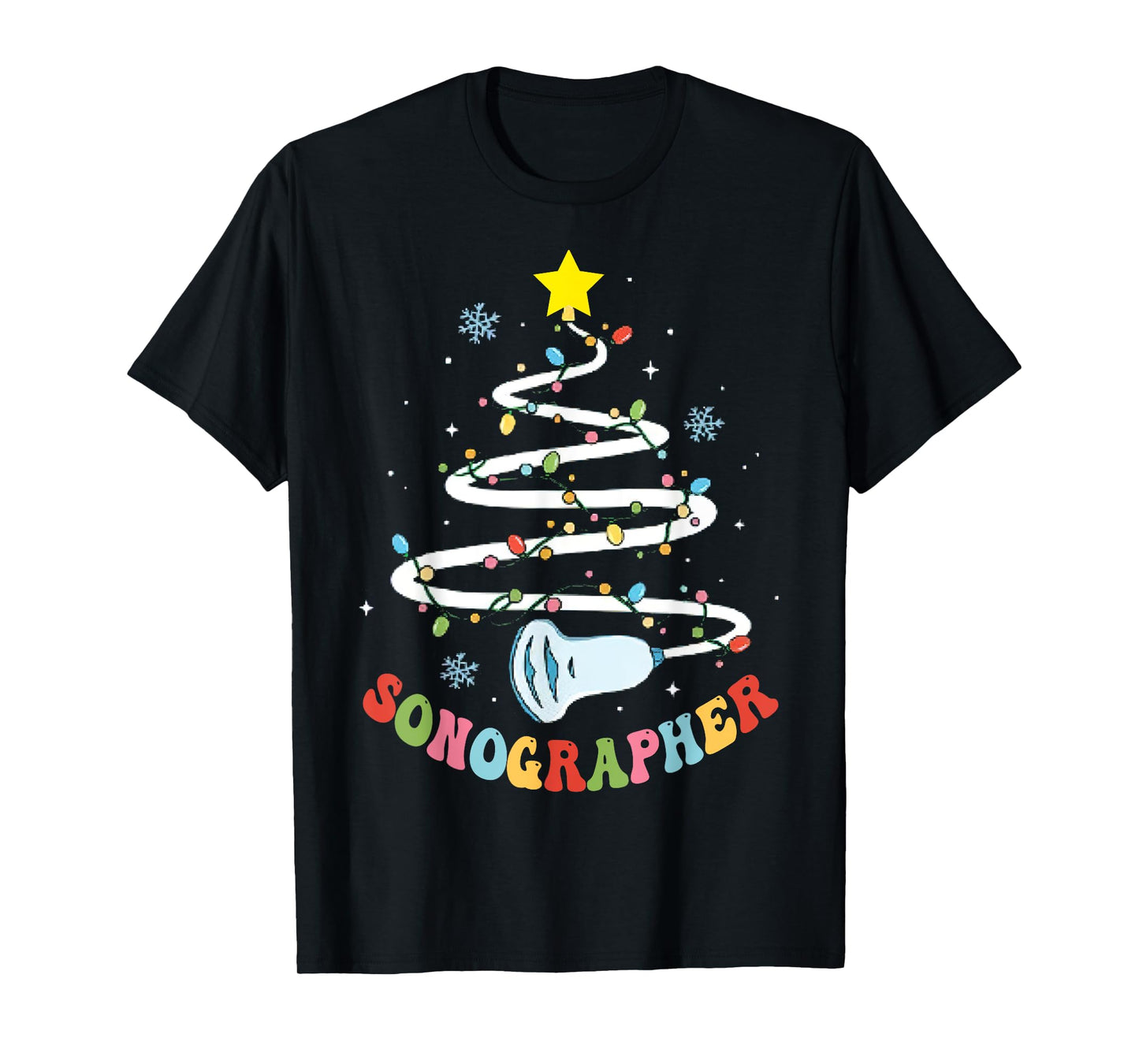 Christmas Sonography Tech, Holiday Sonographer Xmas Tree T-Shirt - Unisex-Adults, Black, Small