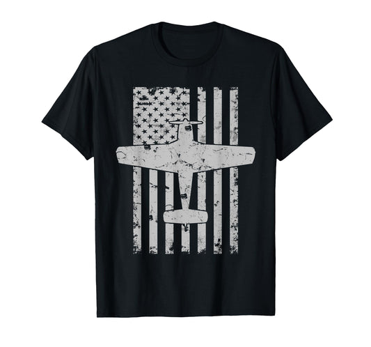 Bonanza Airplane Patriotic Distressed Flag Pilot Women Kids Men T-Shirt