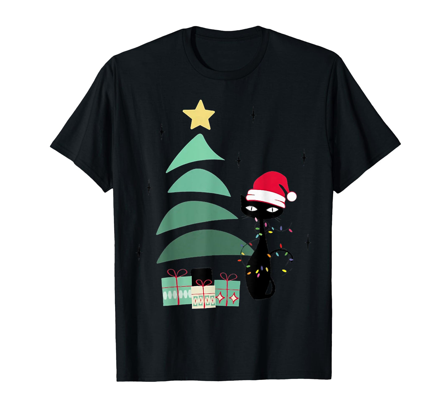 Funny Retro Mid Century Atomic Christmas Tree and Cat T-Shirt for Men Women Kids