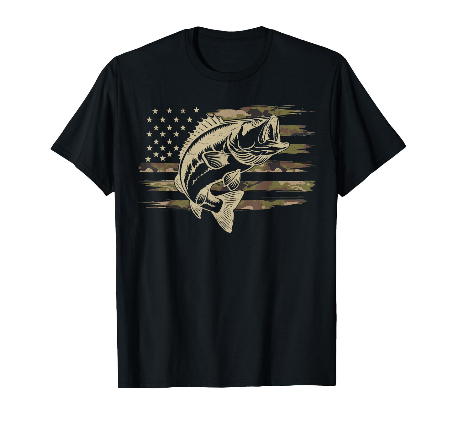 Fishing Camouflage American Flag Black Bass Fisherman Camo T-Shirt