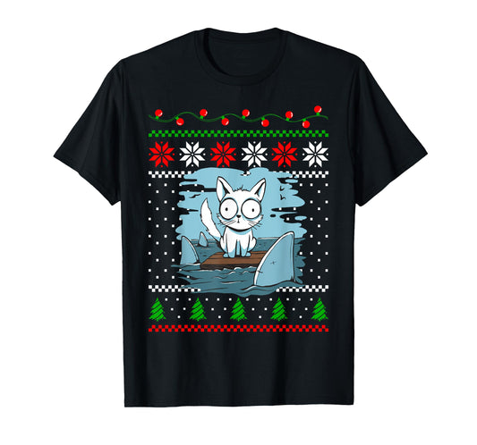 Christmas Cat Animal and Sharks Fish Funny Xmas Design T-Shirt