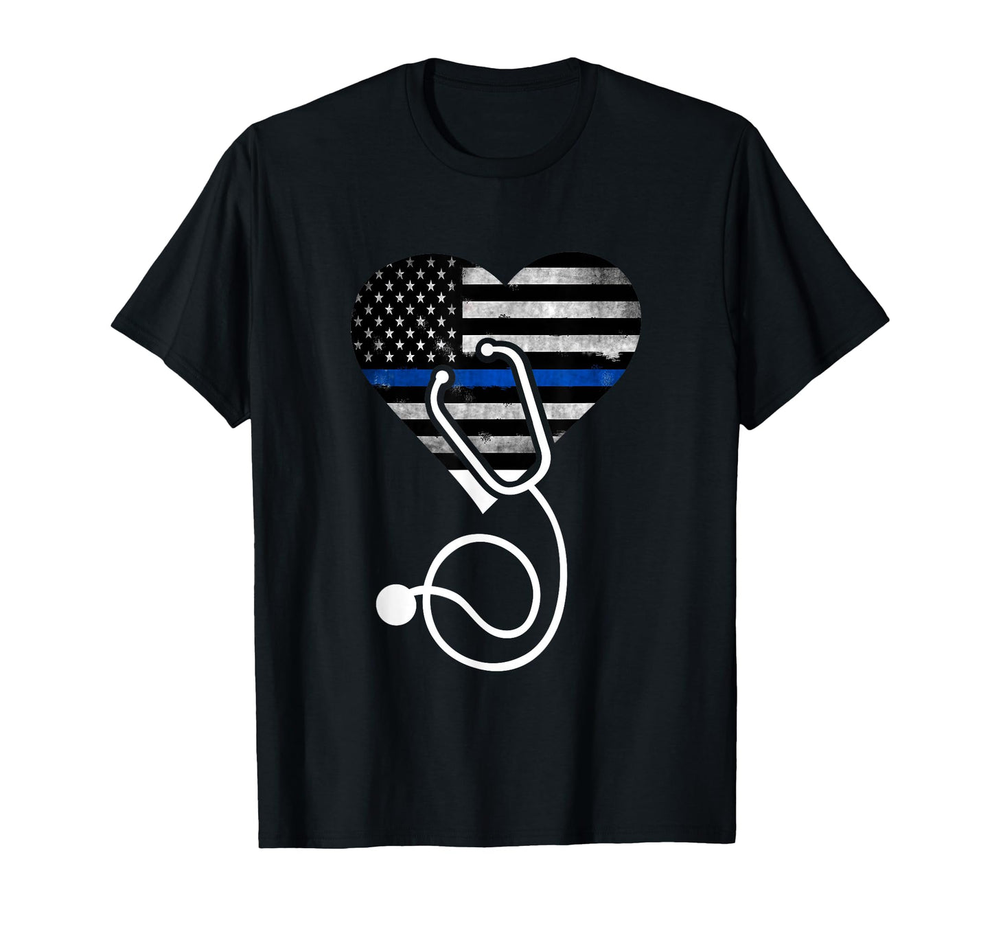 American Flag Heart with Police Thin Blue Line Nurse RN LVN T-Shirt