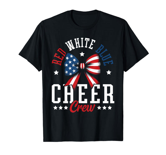 Red White and Blue Patriotic Cheer Crew Cheerleader USA Bow T-Shirt