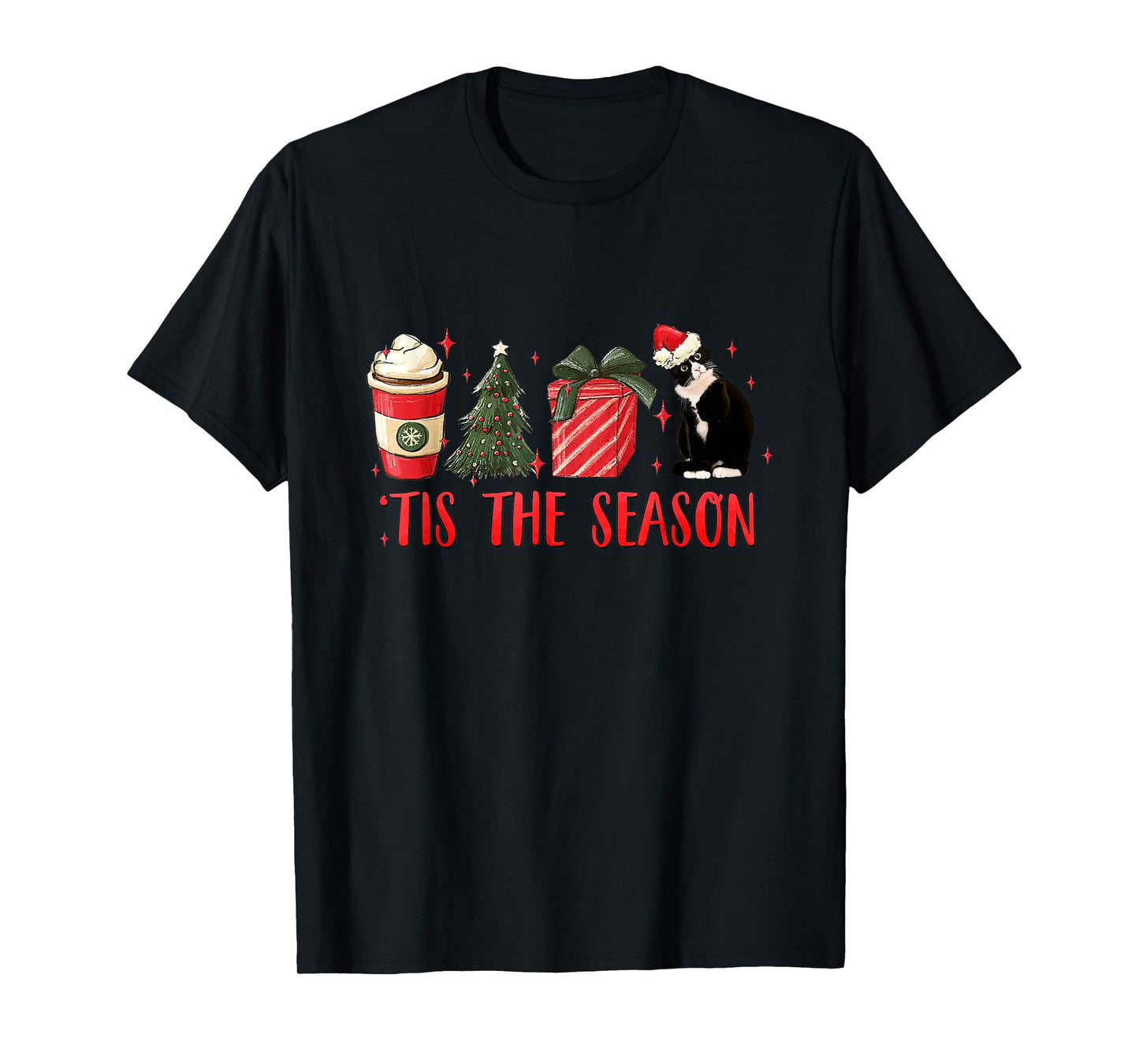 Tis The Season Christmas Tree Coffee Tuxedo Cat Santa Hat T-Shirt for Men Women Kids