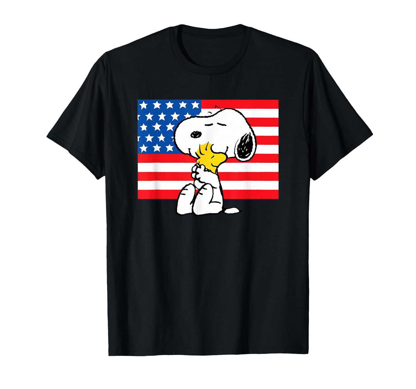 Peanuts - Snoopy and Woodstock USA Flag Hug T-Shirt