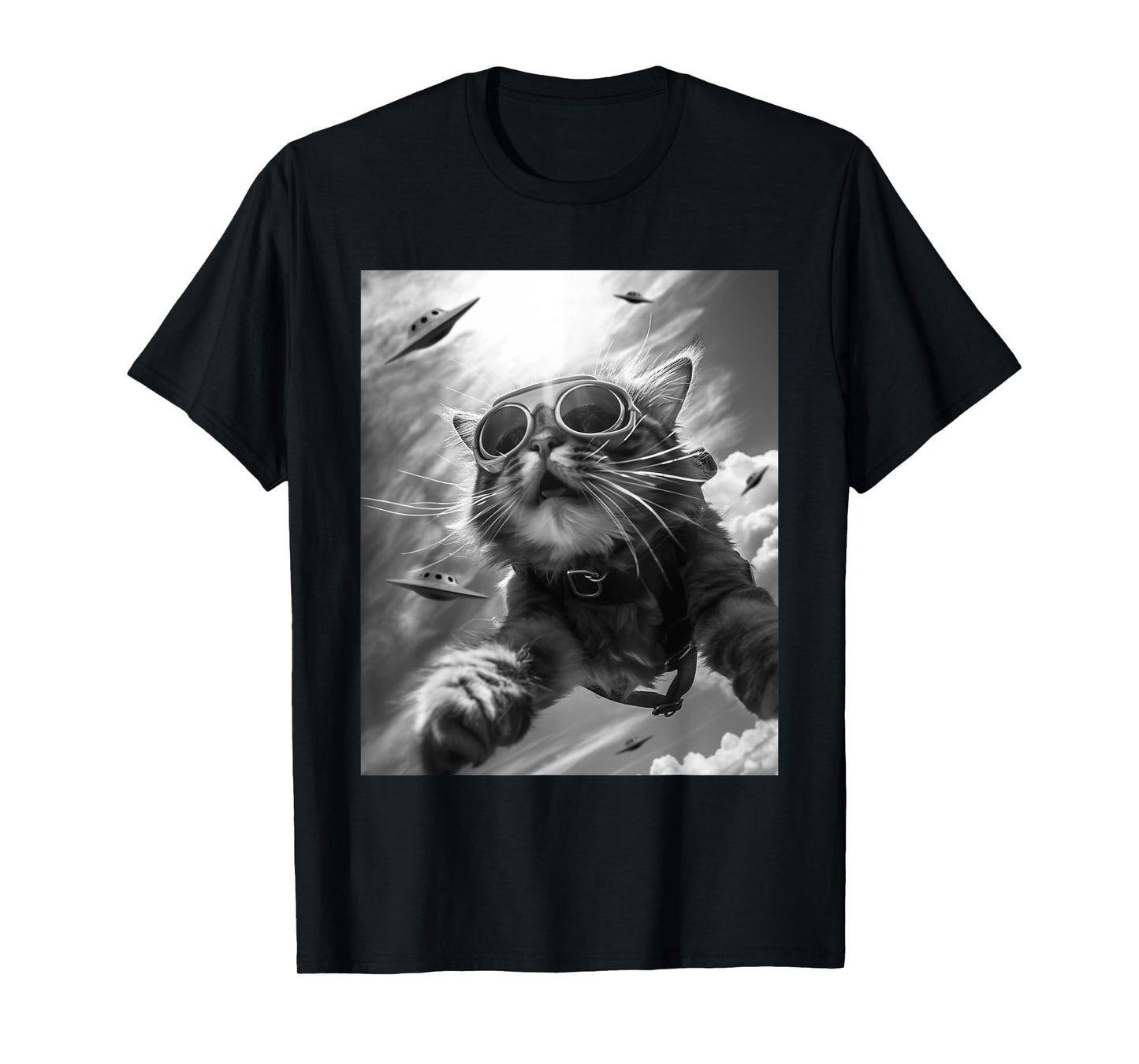 Funny Skydiving Cat Selfie with Alien UFOs Men Women Kids T-Shirt