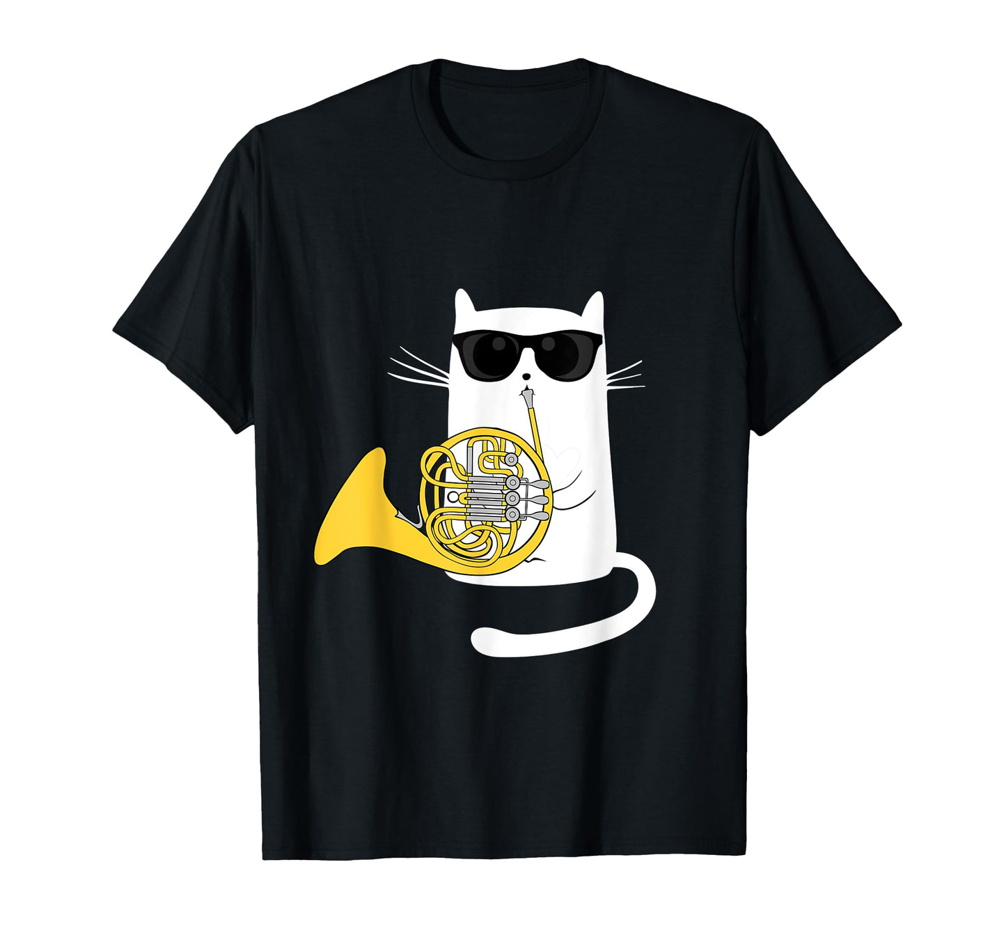 Funny Jazz Cat Wearing Sunglasses Playing French Horn Men Women Girls Kids T-Shirt