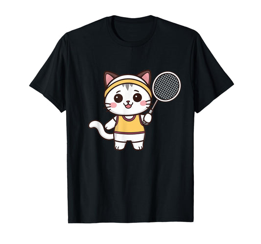 Badminton Funny Cat Women Girls Badminton Player Kawaii T-Shirt