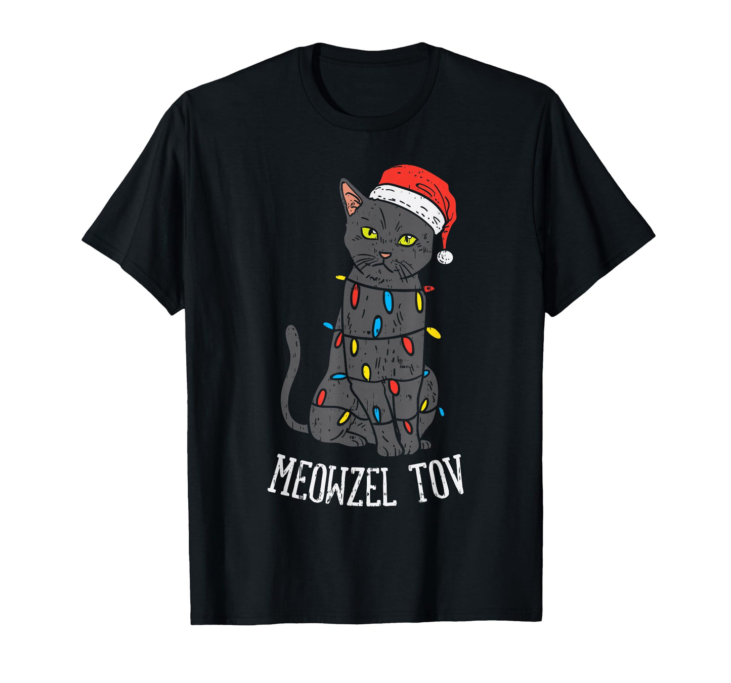 Meowzel Tov Hanukkah Black Cat Christmas Lights Pet Gift T-Shirt
