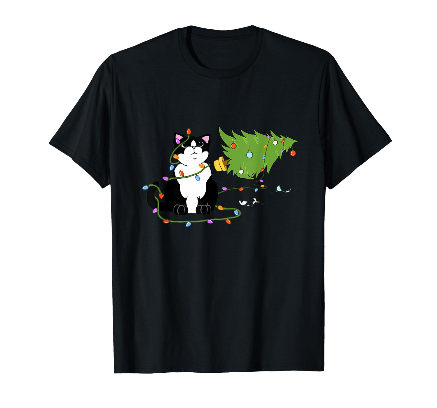 Christmas Tree Knocked Over By Tuxedo Cat Meowy Christmas T-Shirt for Men Women Kids