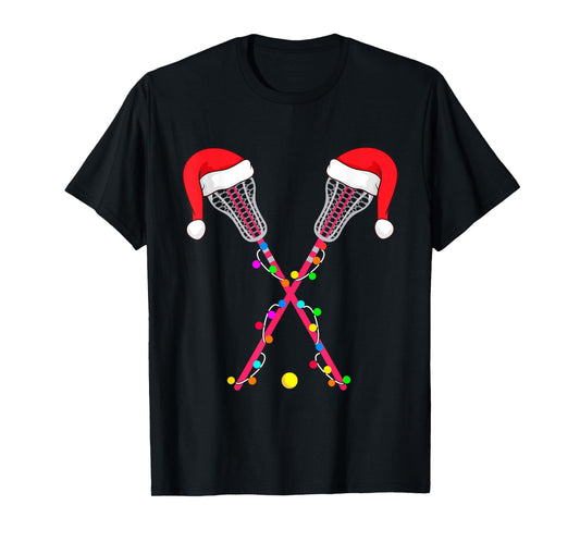 Lacrosse Santa Hat Christmas Lights Funny Sport Xmas Boys T-Shirt