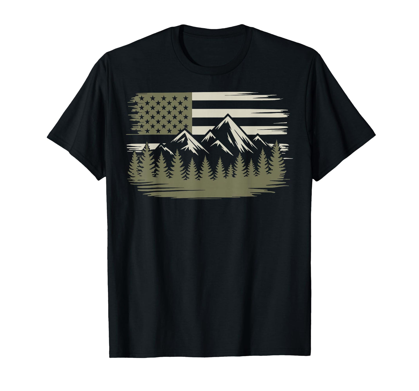 Forest Mountain USA Flag Wildlife Camping T-Shirt