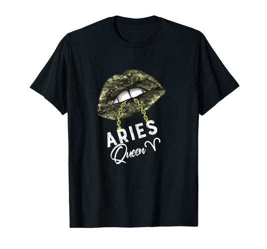 Womens Army Aries Queen Lips Camouflage Womens Military Green Cute T-Shirt