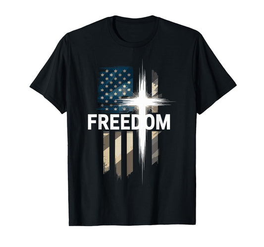 Grunge American Flag and Cross Faith Family Freedom T-Shirt