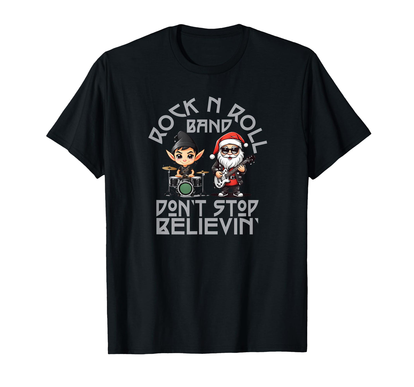 Rock and Roll Santa and Elf Band Christmas T-Shirt