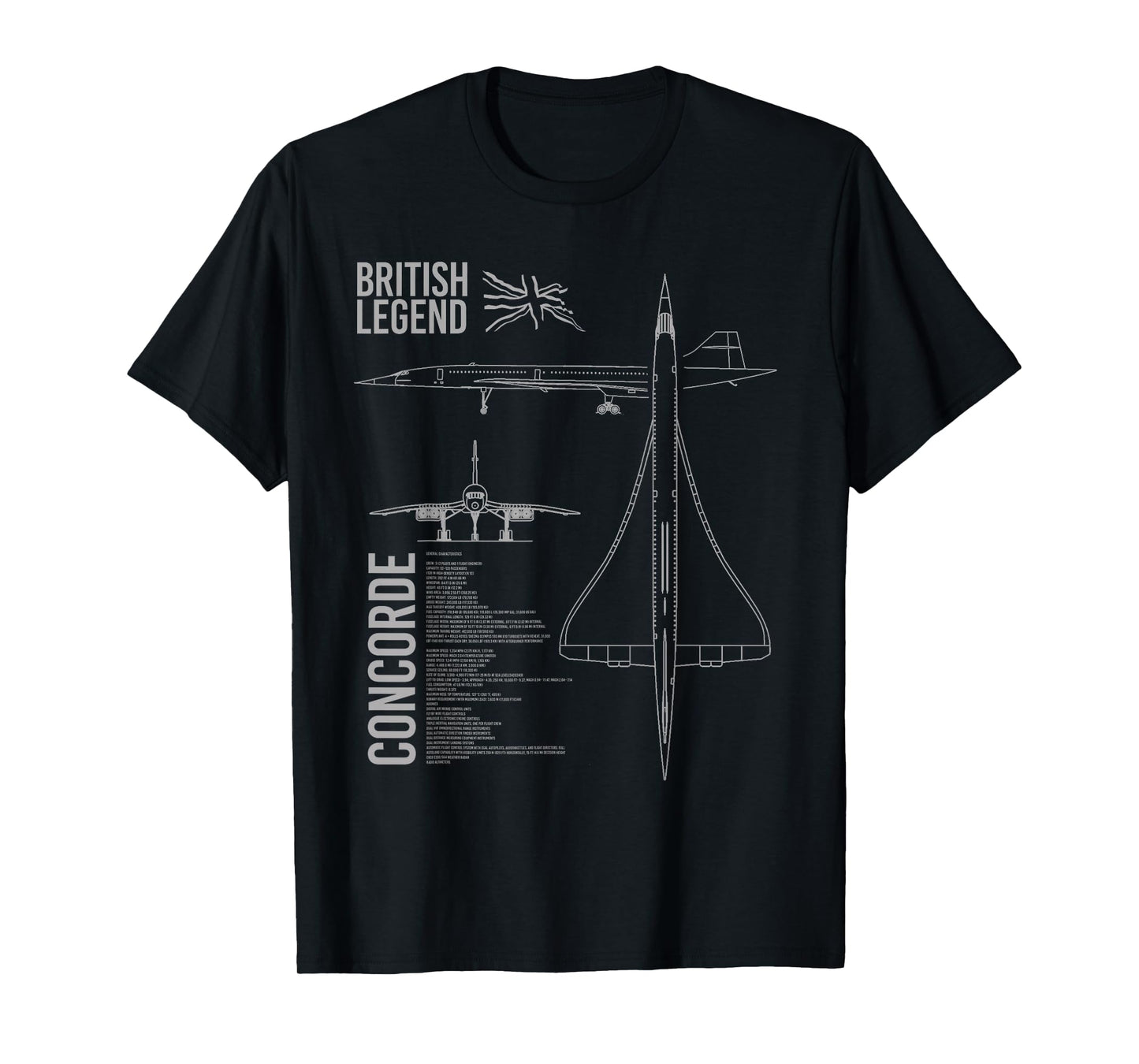 Concorde Airliner Aircraft T-Shirt - Unisex-Adults, Black, Small, Short Sleeve, Classic Fit, Cotton, Polyester