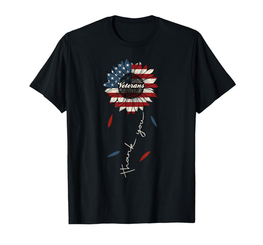 Thank You Veterans Sunflower US America Flag Patriotic Women T-Shirt