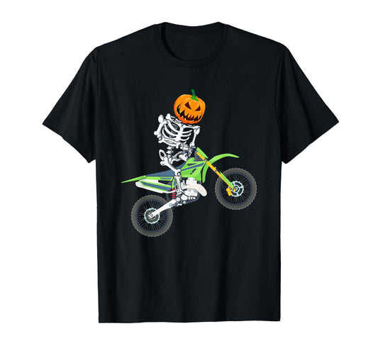 Skeleton Dirt Bike Halloween Pumpkin Motocross Biker T-Shirt