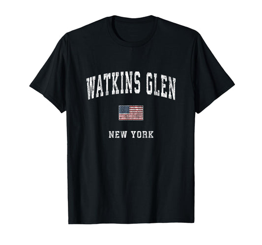 Watkins Glen New York NY Vintage American Flag Sports Design T-Shirt