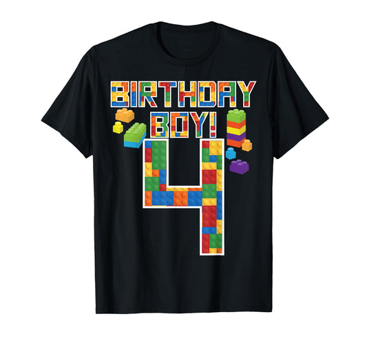 Cute 4th Birthday Gift 4 Years Old Block Building Boys Kids T-Shirt