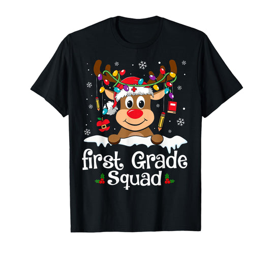 First Grade Teacher Squad Funny Reindeer Teacher Christmas T-Shirt