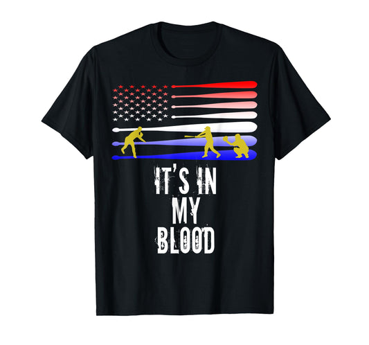 Baseball Is in My Blood American Flag Baseball Shirt T-Shirt for Women Kids Men
