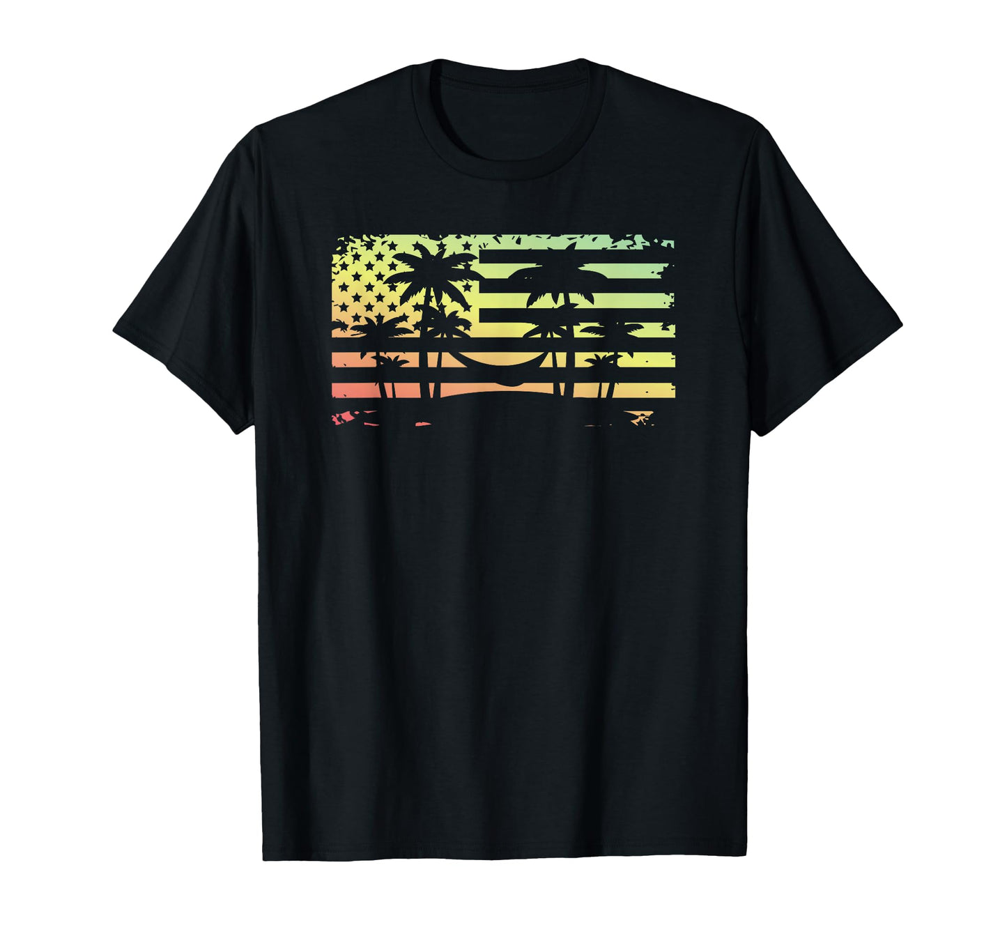 Summer Sunset Palm Trees American Flag Beach T-Shirt