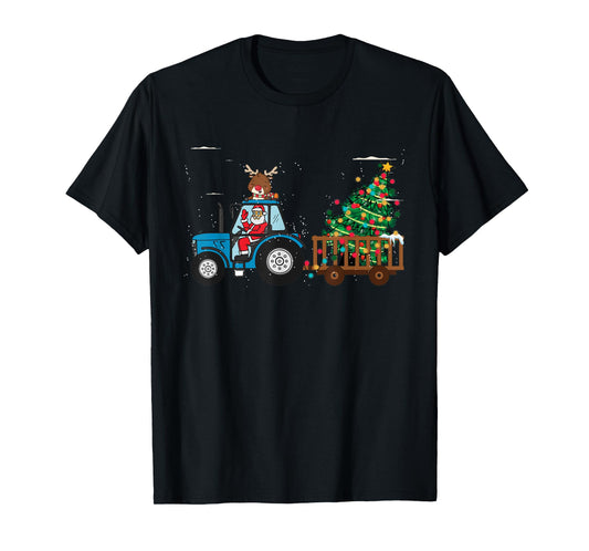 Christmas Farm Tractor Xmas Tree Lights Santa Hat Farmer T-Shirt