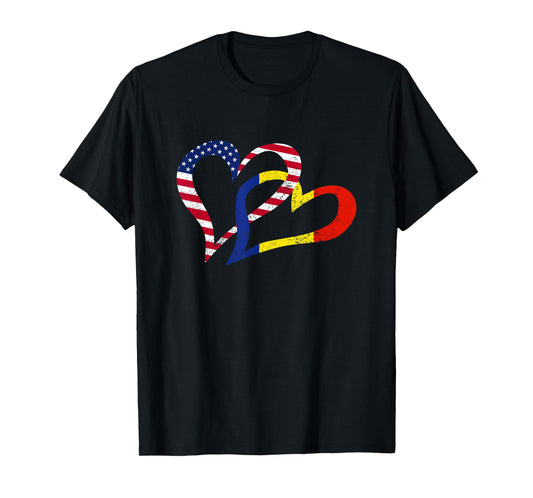 Cool Romania USA Flag Heart Romanian Americans Pride Print T-Shirt