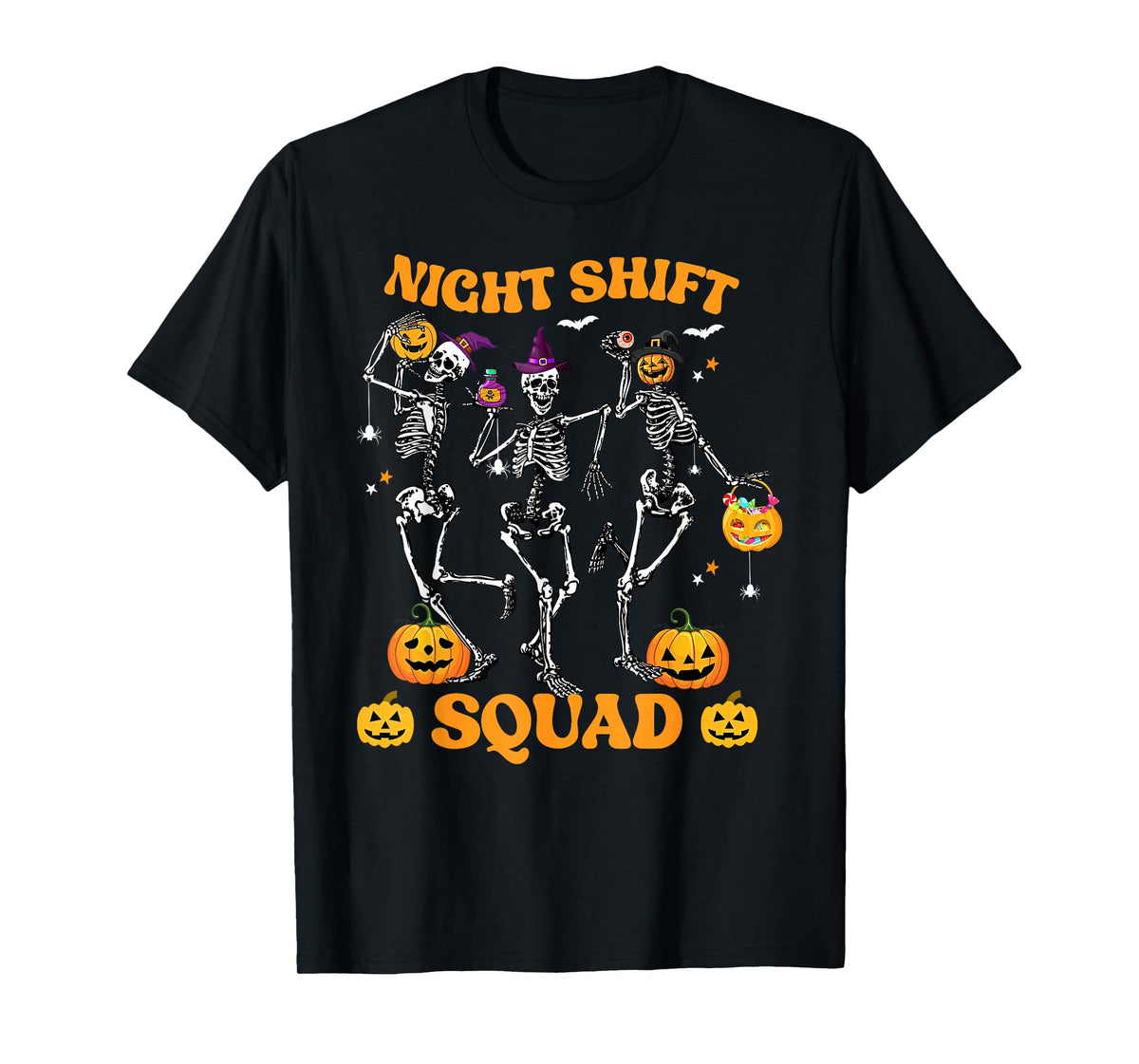 Dancing Skeleton Nurse Night Shift Squad Pumpkin Halloween T-Shirt